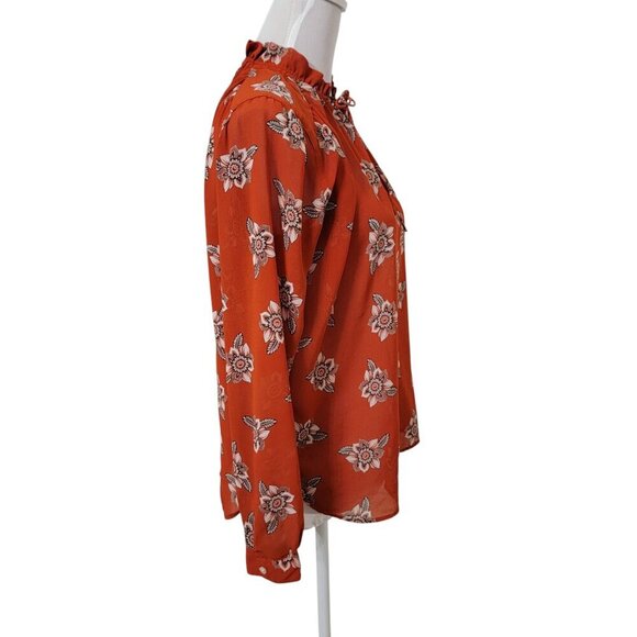 LOFT Size XS Burnt Orange Floral Pattern Long Sleeve Semi Sheer Tie Neck Blouse - Picture 4 of 12